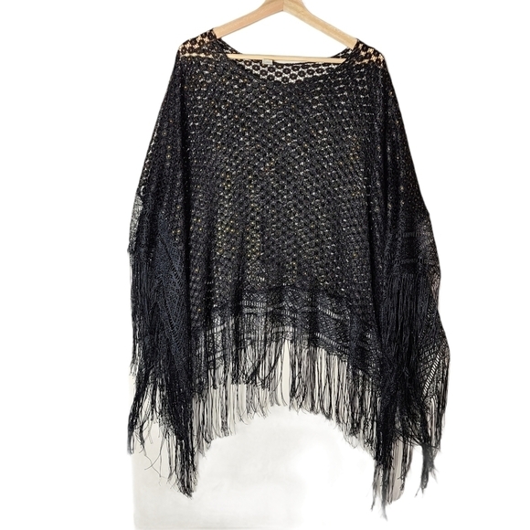 Black yellow knitted ponchos long  string - Picture 1 of 7